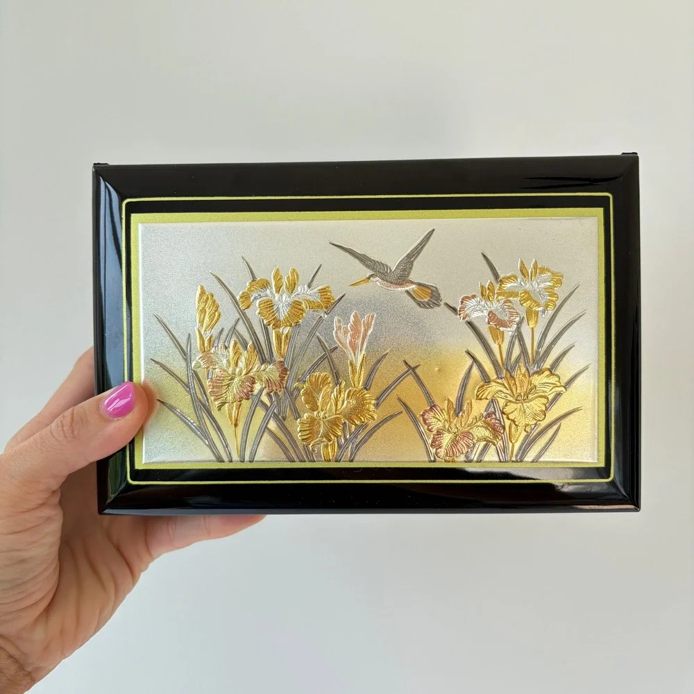 Vintage Japanese Black Lacquer Chokin Music Jewelry Box Hummingbird Iris Flower